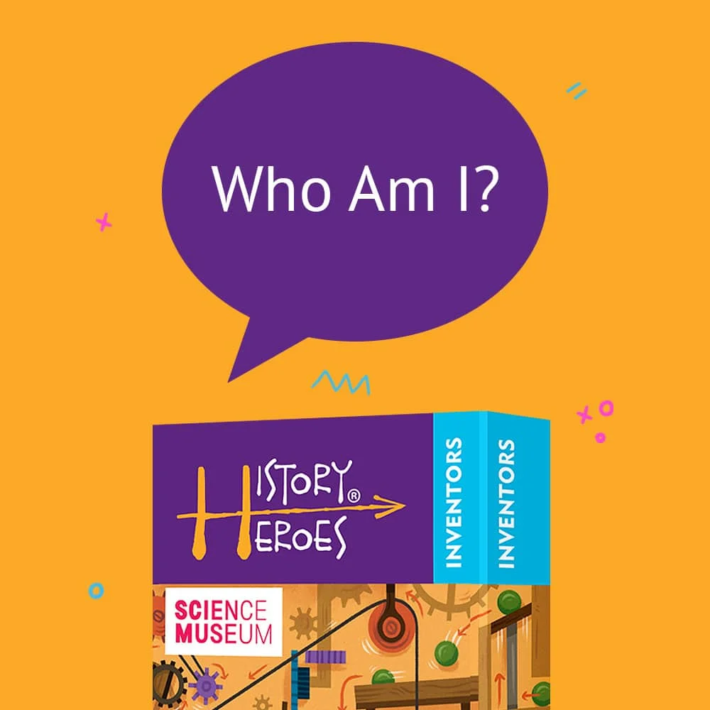 A board game box titled "Story Heroes" sits against an orange background. A purple speech bubble above reads, "Who Am I?" The scene suggests a playful, inquisitive atmosphere.