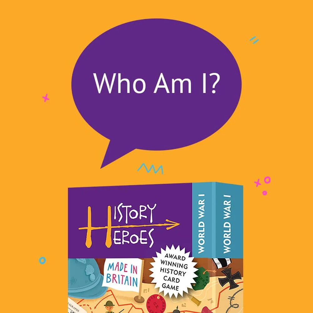 A speech bubble with "Who Am I?" hovers above a colorful "History Heroes" game box on an orange background.