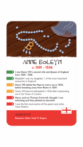 1 of the ghosts of england's Kings & Queens. Anne Boleyn's card from History Heroes' board game, A RACE IN TIME