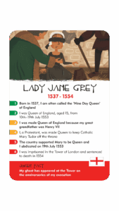 One of the ghosts of England's kings & queens. An image of Lady Jane Grey, a card in History Heroes' Children card game