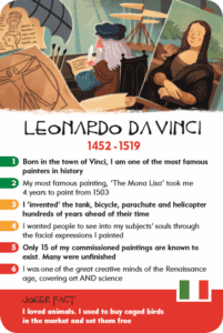 History Heroes' card of Leonardo da Vinci from their ARTISTS card game