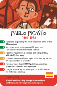 History Heroes' card of Pablo Picasso from their ARTISTS card game